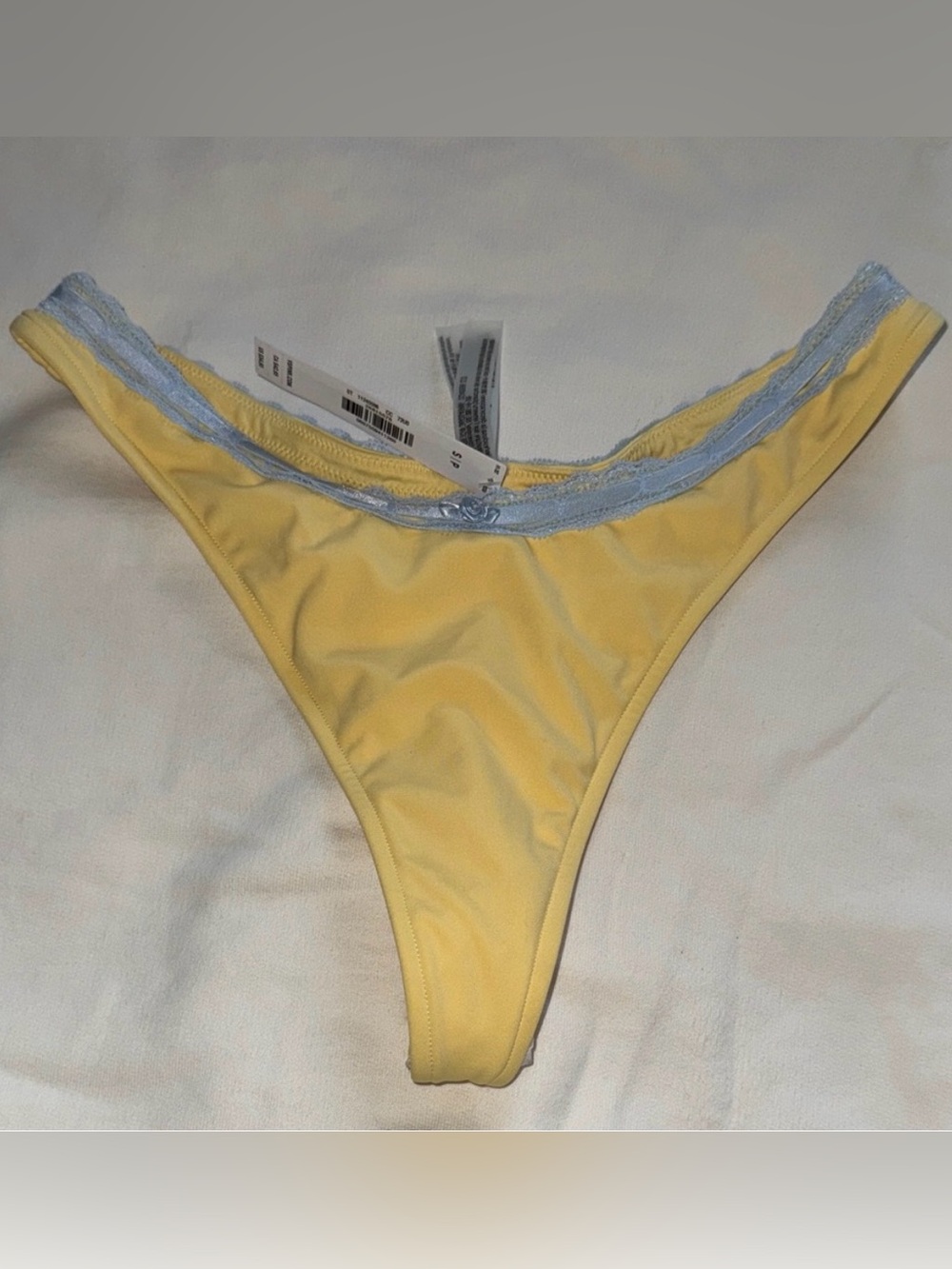 Pink by Frankie's Bikinis Yellow Bikini Bottom with Light Blue Trim